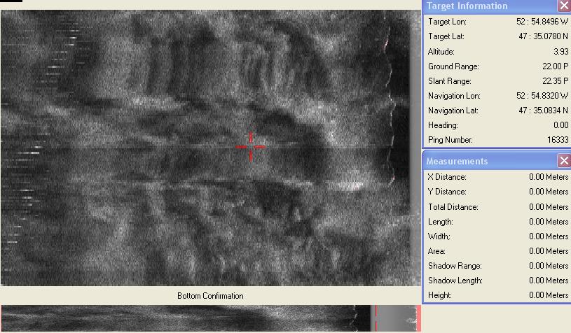 A few typical images from the unfiltered side scan data is in figure 7 and 8. As you can see the coordinates of latitude and longitude are listed on the side.
