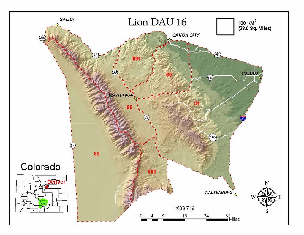 DESCRIPTION OF DAU, HABITAT, AND PAST MANAGEMENT Mountain lion (Puma concolor) Data Analysis Unit (DAU) L-16 is located in the northeastern San Luis Valley, Wet Mountain Valley, and the Sangre de