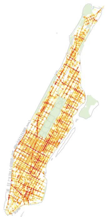 Where: Manhattan Highest Crash Density: Four times as many pedestrian KSI (Killed or Severely Injured) in Manhattan per mile of street (.73) as other four boroughs (.