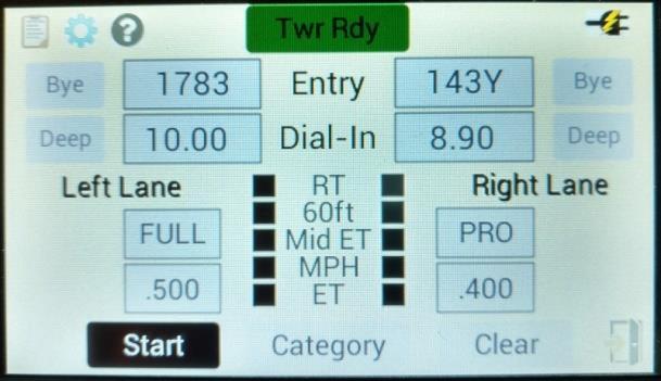 Twr Ready: Touch when all race settings and vehicle information are entered and correct.