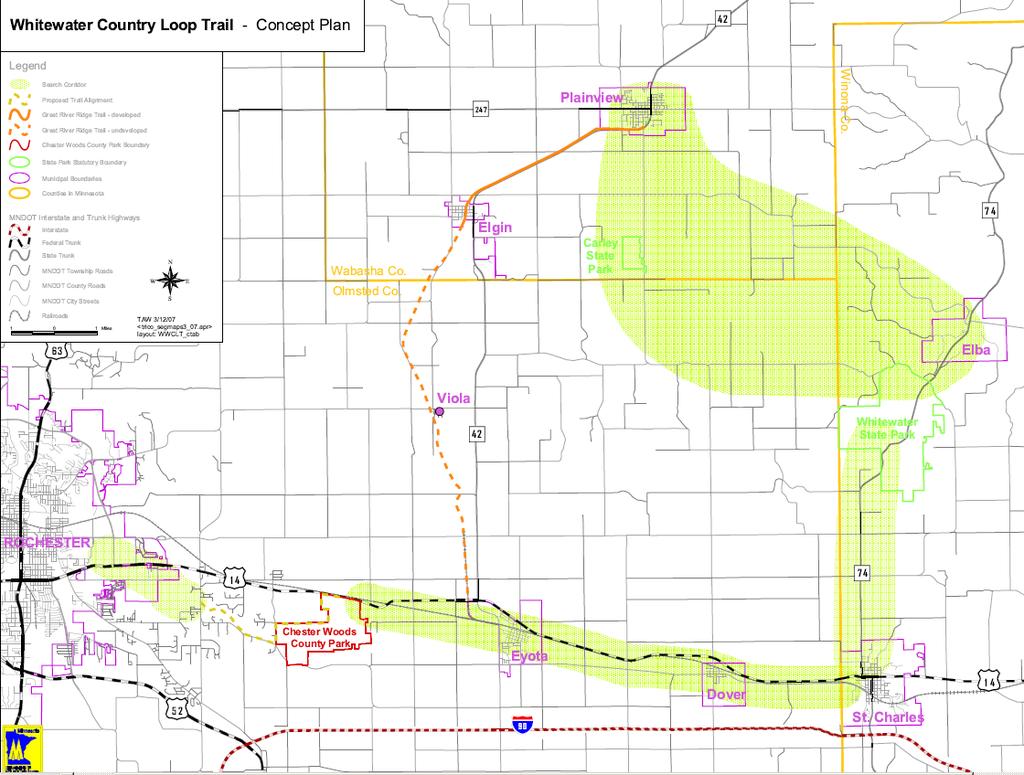 Whitewater Country Loop Trail Figure 7 21 highlights the general routing proposed for the Whitewater Country Loop Trial and the Great River Ridge and Chester Woods Trail