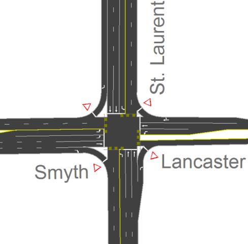 The eastbound and westbound approaches consist of a single left-turn lane, a through lane and a shared through/right-turn lane.