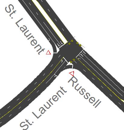 In the east and westbound directions, right-turns on red lights are not permitted. St. Laurent/Lancaster/Smyth The St. Laurent/Lancaster/Smyth intersection is a signalized four-legged intersection.