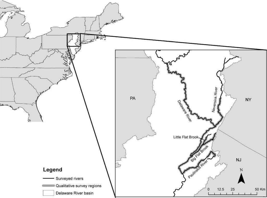Figure 1. Qualitative survey locations for dwarf wedgemussel Alasmidonta heterodon in the Upper Delaware River basin between 2000 and 2009.