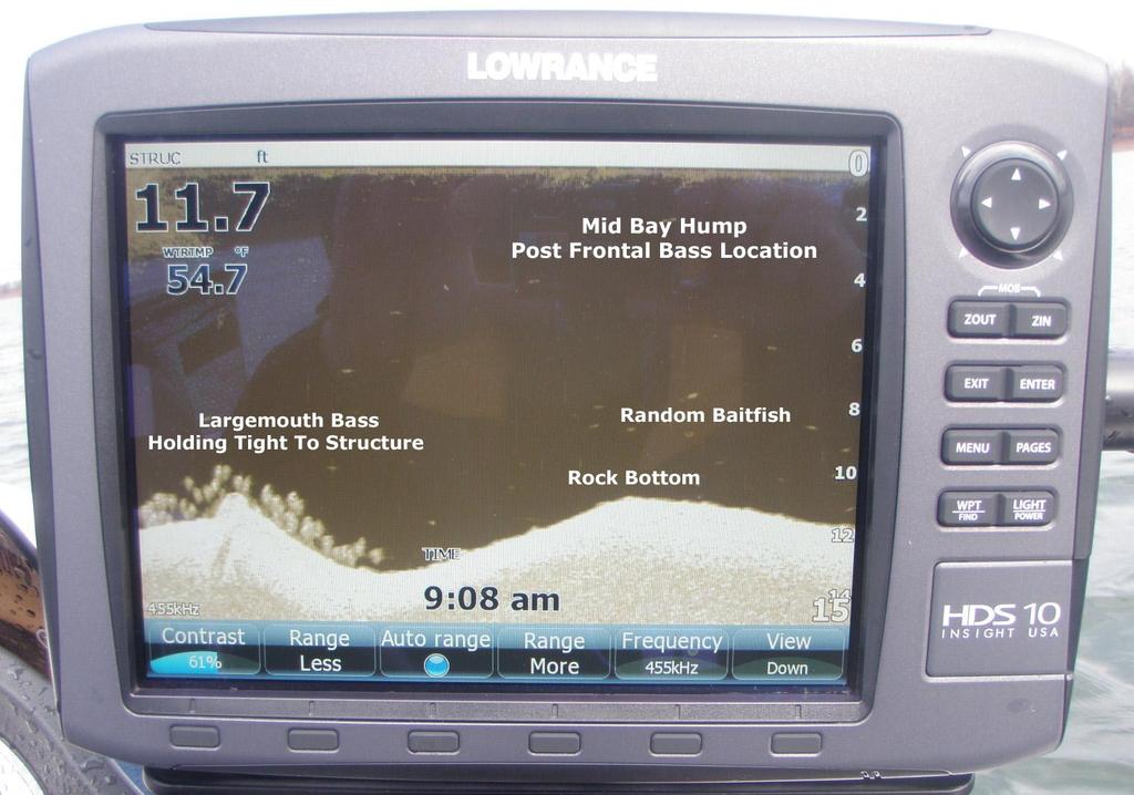 SONAR TIP OF THE WEEK... This screen shot was taken during one of our guided bass trips. The image on our Lowrance HDS 10 clearly shows the fish holding tight to the structure.