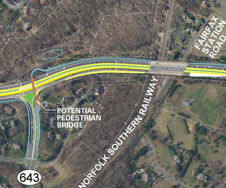 at grade Requires approval and easements from NSRR Shared use path adjacent to Fairfax Station Road crossing underneath