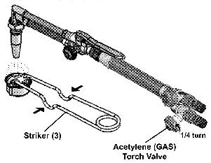 5. Open the Acetylene Torch Valve about ¼ turn, and quickly ignite the acetylene gas coming out of the Nozzle by squeezing the handle of the striker, creating a spark. WARNING!