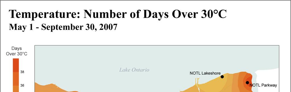 Number of days 4 35 3 25 2 15 1 5 The Number of Days from May-Sept Where Tmax was Greater Than 3 C Grimsby Beamsville Vineland Cherry Ave Vineland Escarpment Jordan Hwy 8 Jordan Escarpment West St.