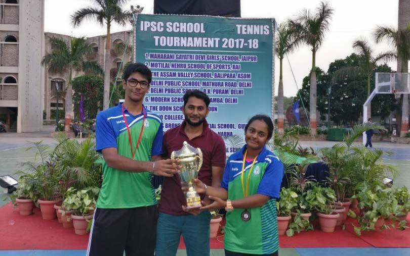 Tennis From L to R: - Raghav, Hemant Kumar (Coach), Jannat Raghav Wadhwa won Gold Medal And Jannat Kaur Anand won Bronze Medal in All India IPSC Tennis Tournament 2017 held at Emerald Heights