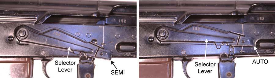 TM 8370-50007-OR/1 0005 00 6. Place the selector lever on SEMI or AUTO. Refer to Figure 3. Figure 3. Selector Lever on SEMI (left) or AUTO (right). 7. Pull and hold the charging handle to the rear. 8. Visually and physically inspect the chamber and receiver to ensure they contain no ammunition.