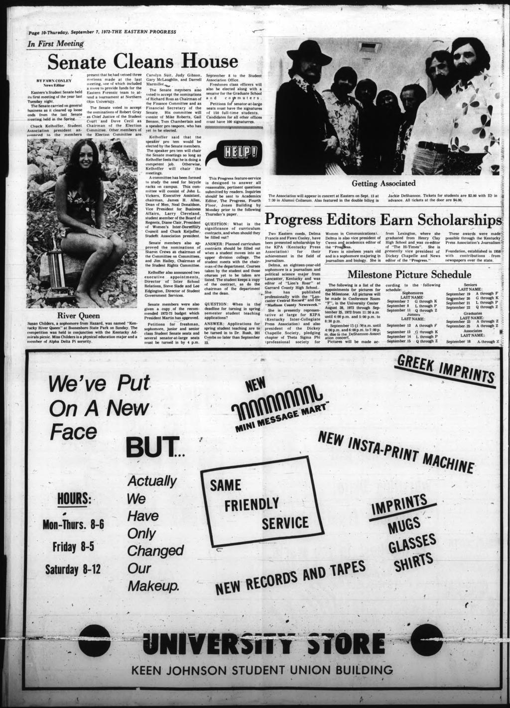 Page 10-Thursday, September 7, 1972-THE EASTERN PROGRESS n Frst Meetng. Senate Cleans House BY FAWN COXLKY News Edtor Eastern's Studenl Senate held H frs! meetng of the year last Tuesday nght.