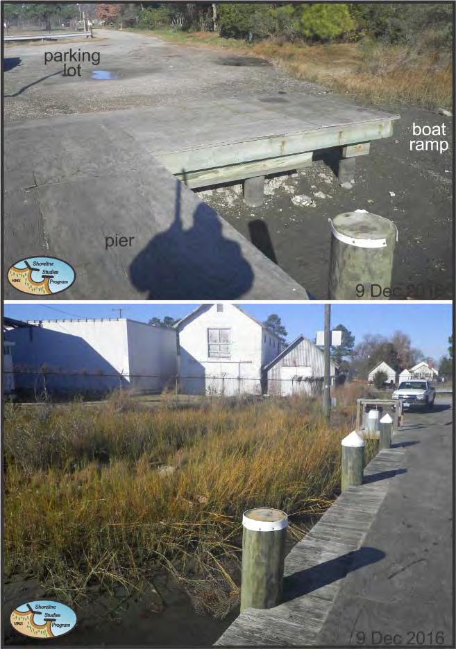 Figure 5 2. Ground photos of Perrin Wharf showing the pier, parking lot and boat ramp (top) and the small marsh along the west side of the property (bottom). 5.2 Biologic Setting Except for the adjacent tidal marsh fringes, no other vegetated wetlands occur at the site.