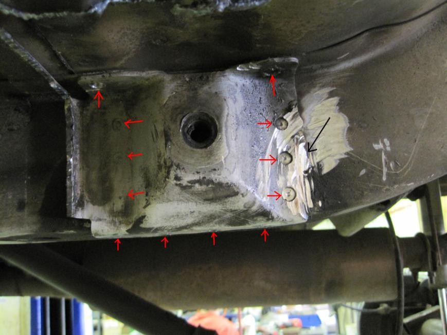 of the frame and 2 on the body to frame rail seam). a. Drill out the spot welds using at least a 3/8 diameter spot weld cutter being careful not to drill through the unibody. b. There is also a seam weld on the rear of the hanger that needs to be cut.