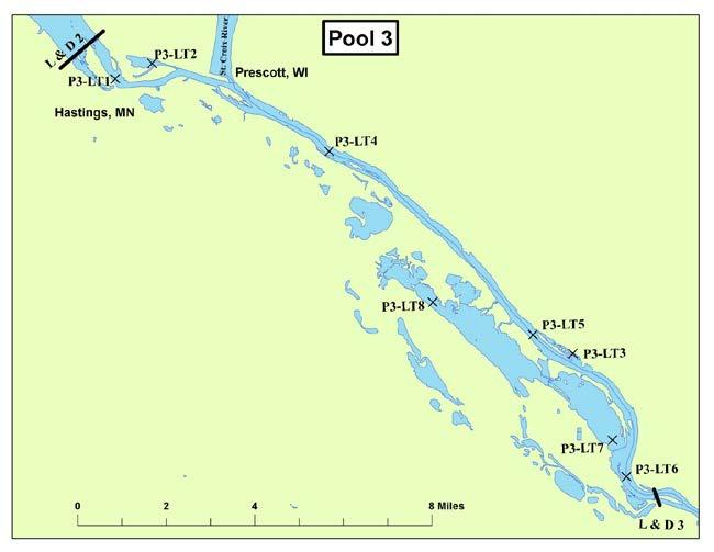 Figure 4. Standardized larval fish trawling (LT1-LT8) locations on Pool 3 (P3).
