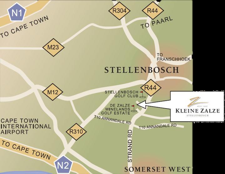 DIRECTIONS TO KLEINE ZALZE FROM CAPE TOWN VIA THE N2: Take the N2 in the direction of Somerset West Take the off ramp Stellenbosch/ Somerset West At the intersection, turn left onto the R44 (Strand