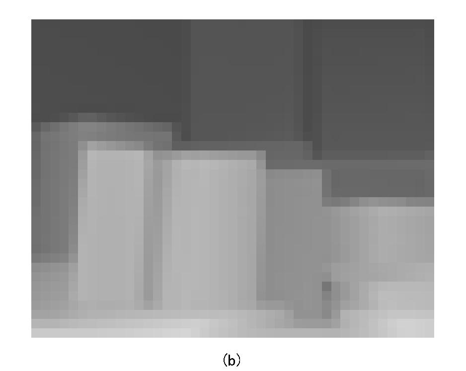 Fig. 2. Given depth images : (a), (b) art depth image, (c), (d) books depth image, (e), (f) moebius depth image, and the image sizes of left column is 34 43 and right column is 17 22, respectively.