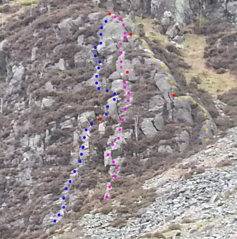 At present the top belay point is way back, using two vertical cracks. The plan is to add a belay stake. Restoration - VD (S4a) (Blue) 48m, 2 Pitches.