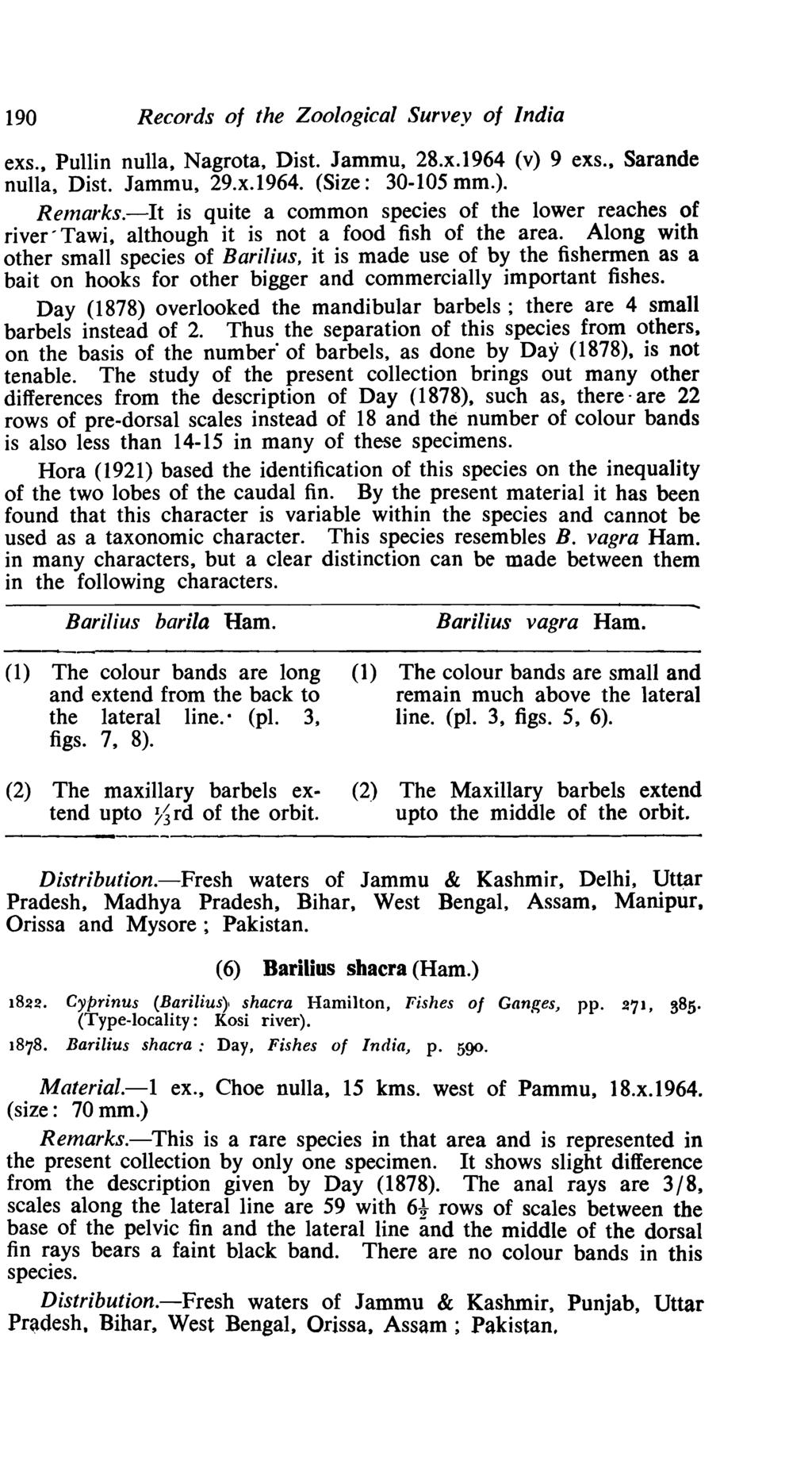 190 Records of the Zoological Survey of India exs., Pullin nulla, Nagrota, Dist. Jammu, 28.x.1964 (v) 9 exs., Sarande nulla, Dist. Jammu, 29.x.1964. (Size: 30-105 mm.). Relnarks.
