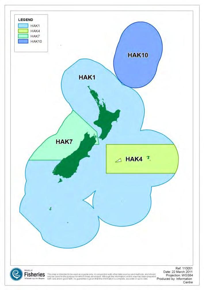 1. Overview of the hake fisheries Figure 1: Map of hake quota management areas (QMAs) Biology Overview Hake (Merluccius australis) is widely distributed throughout the middle depths of the New
