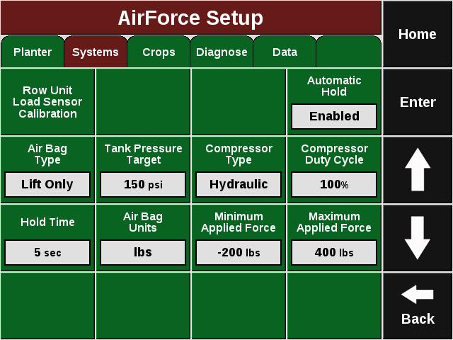 Step 5: Once the planter setup is complete, go to Setup Systems AirForce. Select Compressor Type and enter the type of compressor that has been installed.