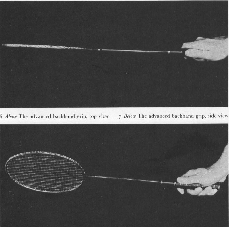 Method. Hold the racket in the forehand grip. Relax the grip and move your hand over the top edge of the handle until the thumb lies flat along the back edge (see Plates 4 and 5).