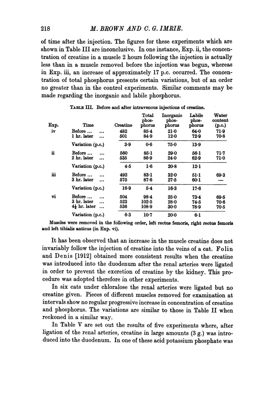 218 M. BROWN AND C. G. IMRIE. of time after the injection. The figures for these experiments which are shown in Table III are inconclusive. In one instance, Exp.