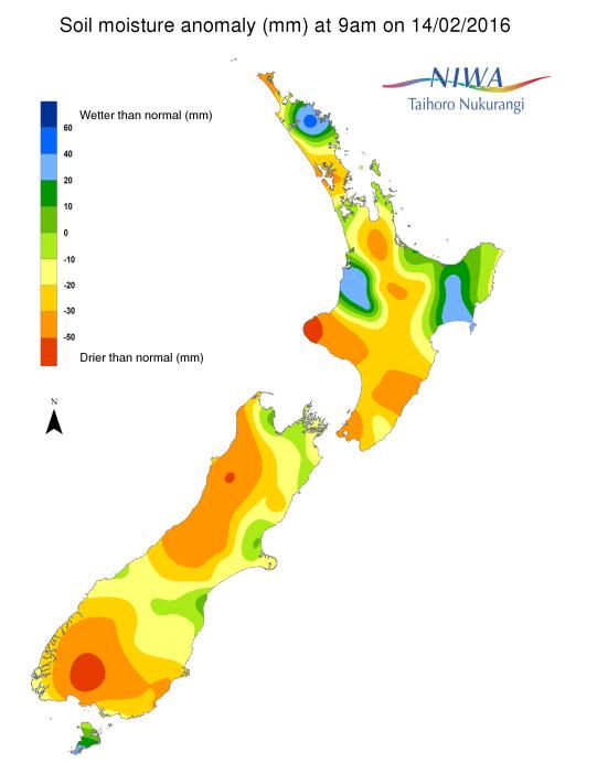The soil moisture anomalies (lower left) and the 60 day Standardised Precipitation Index (SPI, lower right) shows that the western portion of the Wellington