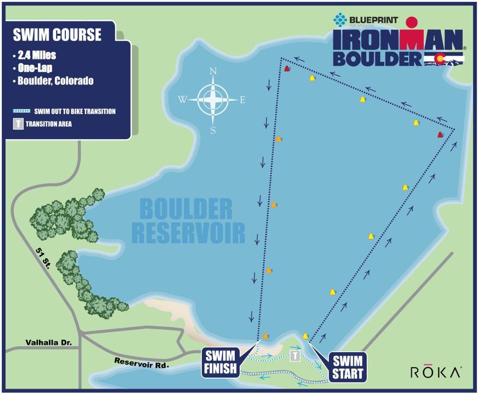 RACE COURSE MAPS The 2.4-mile swim at the boulder Reservoir will have water temps in the 70 s the one-loop course will travel north first along the reservoir dam and will head west and then south.