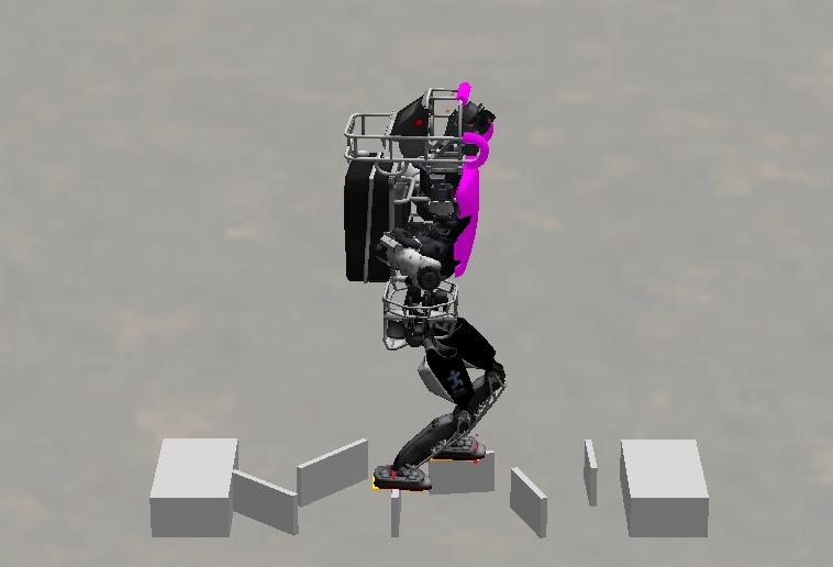 Fig. 9. The simulated Atlas robot walking over randomly oriented, line shaped stepping stones and a point foothold.