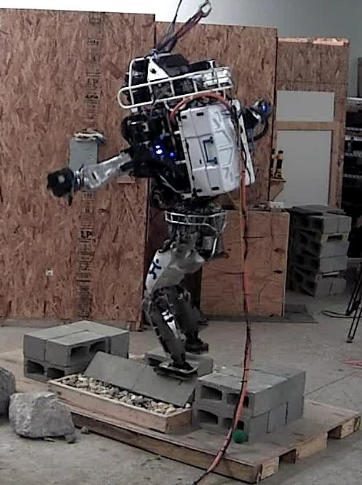 During the step the robot lunges its upper body to