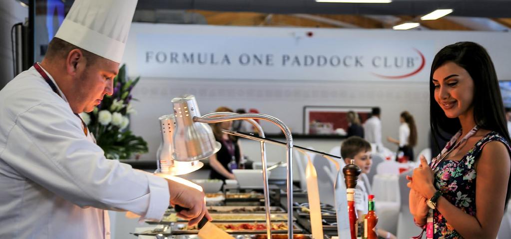 LEGEND Located right on the start/finish line, the Formula 1 Paddock Club is a prime location to watch the race while being pampered by the world s best chefs.