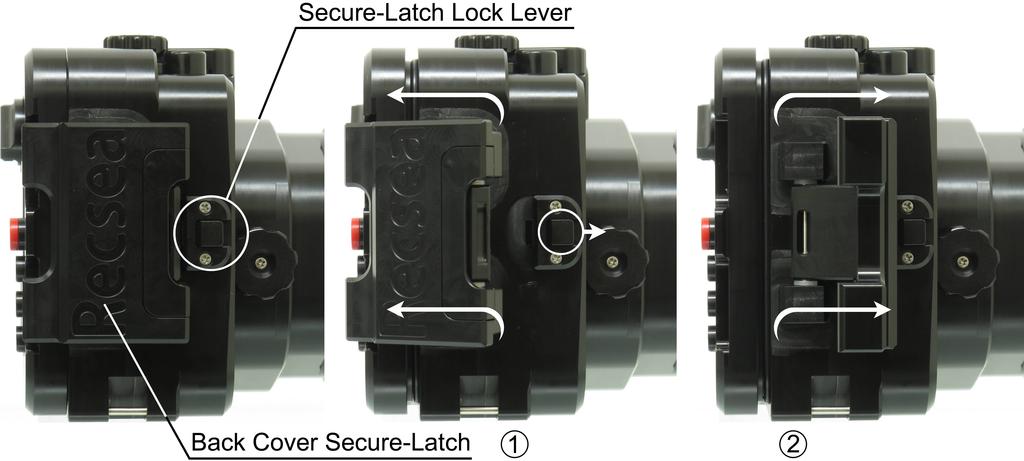 To open, while pushing the Secure-Latch Lock Lever forward pull the Back Cover SecureLatch outward away from