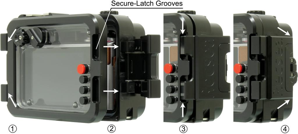 1. To close, place Back Cover into the Lip-hings Grooves on the main body. 2. Making sure Back Cover is properly seated press firmly to close. 3.