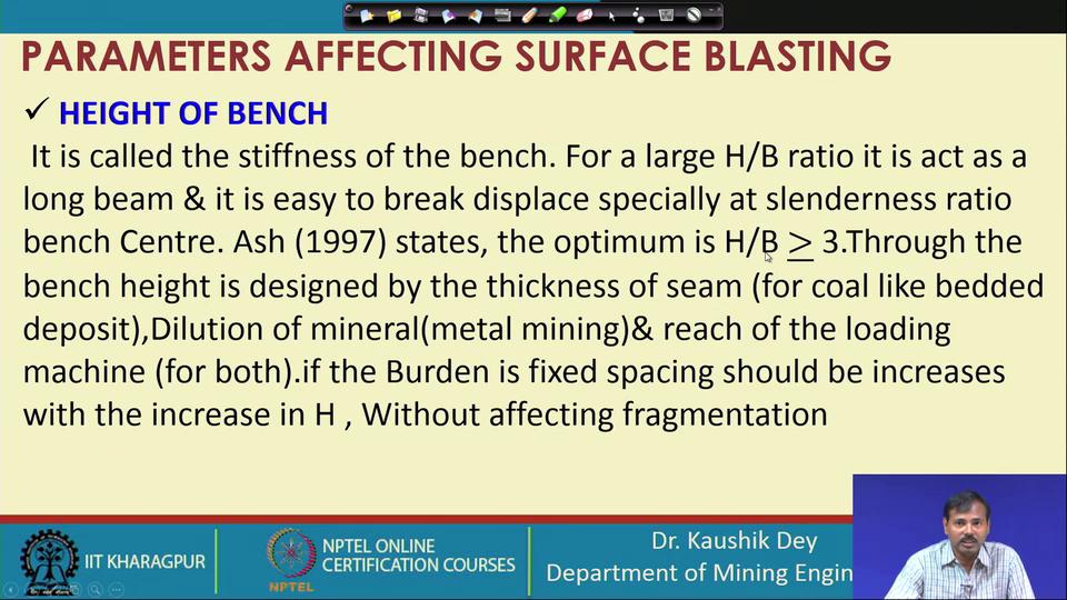 Next is bench height basically bench height is giving us the stiffness ratio or stiffness of the bench. For a large H by B ratio, it acts as a long beam.