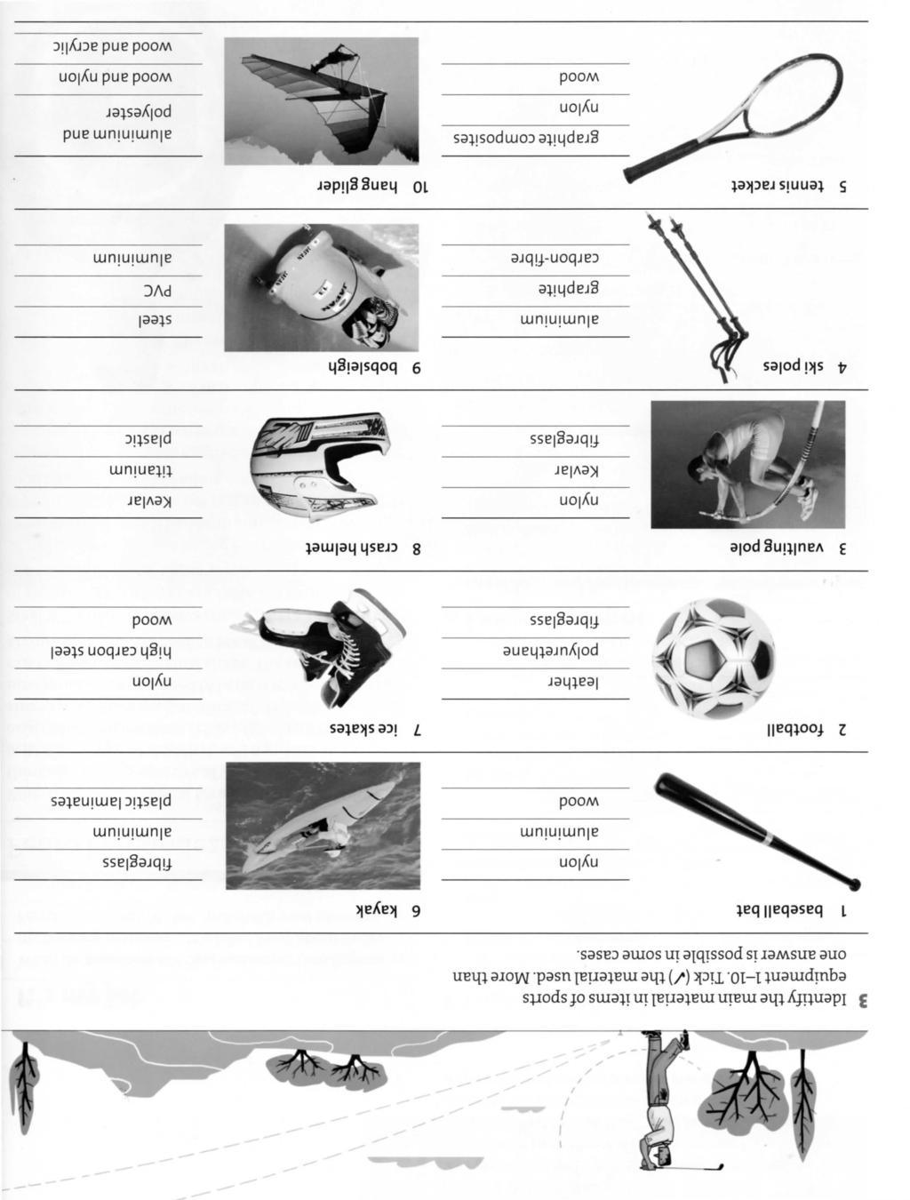 3 Identify the main material in items of sports equipment 1-10. Tick (/) the material used. More than one answer is possible in some cases.