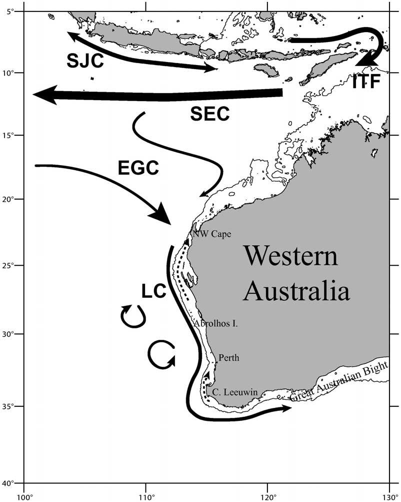 Figure 1. Regional surface currents in the East Indian Ocean and off the Western Austalian coast.