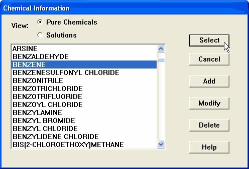 Chapter 3: Examples 7. To choose the chemical that is being released benzene select Chemical from the SetUp menu.