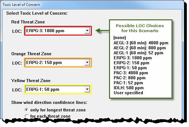 source), or blast area (if a vapor cloud explosion occurred). For this example, you want to display the toxic area threat zone estimate. Select the Toxic Area of Vapor Cloud option. Click OK.