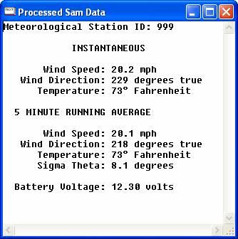 Choose Processed Data from the SAM Options menu to view processed weather data, including the most recently transmitted instantaneous readings as well as 5-minute running averaged values, in a new