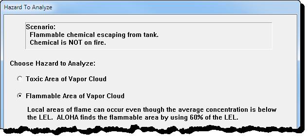 Choosing LOCs and Creating Threat Zone Estimates for a Flammable Vapor Cloud 1. Choose Threat Zone from the Display menu. A Hazard To Analyze dialog box appears. 2.