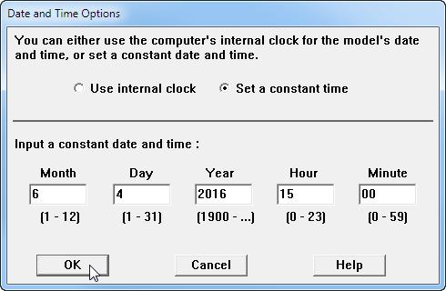 7. Select Date & Time from the SiteData menu. A Date and Time Options dialog box appears. 8. The release occurs at 3 p.m. (1500 in 24-hour time) on June 4, 2016.