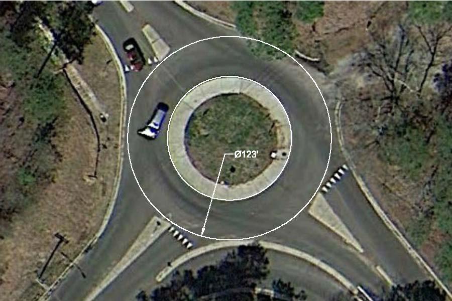 Figure B2-14. Measuring Roundabout Inscribed Circle Diameter Image Source: Google Earth Pro, 2014. 2.15 CIRCULATING WIDTH Circulating width is the width of the circulatory roadway within the roundabout.