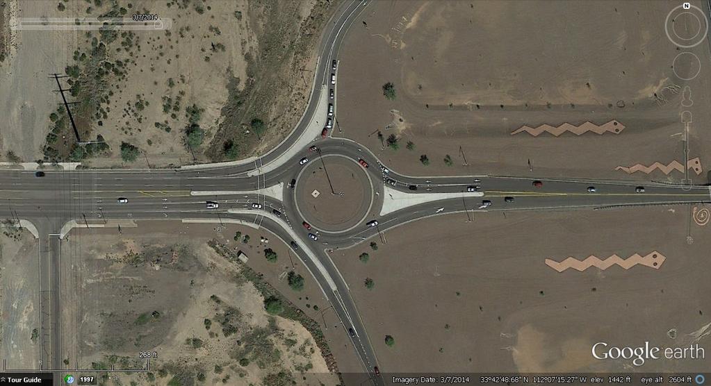 Modifications were made to the roundabouts around 2006 to implement spiral striping in the circulatory road narrowing it for the single-lane portions of the roundabout.