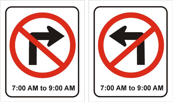 N/A Temporary Permanent Description Turn restriction signs prohibit either left or right turn movements at designated intersections.