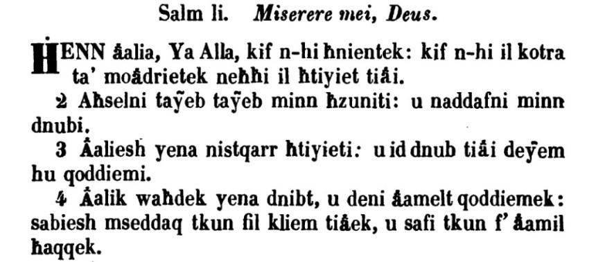 Richard Taylor L-ewwel versi tas-salm 50* kif miġjuba fi Ctieb is-salmi tas-sultan David u il Cantici (1846: 113). M. A.