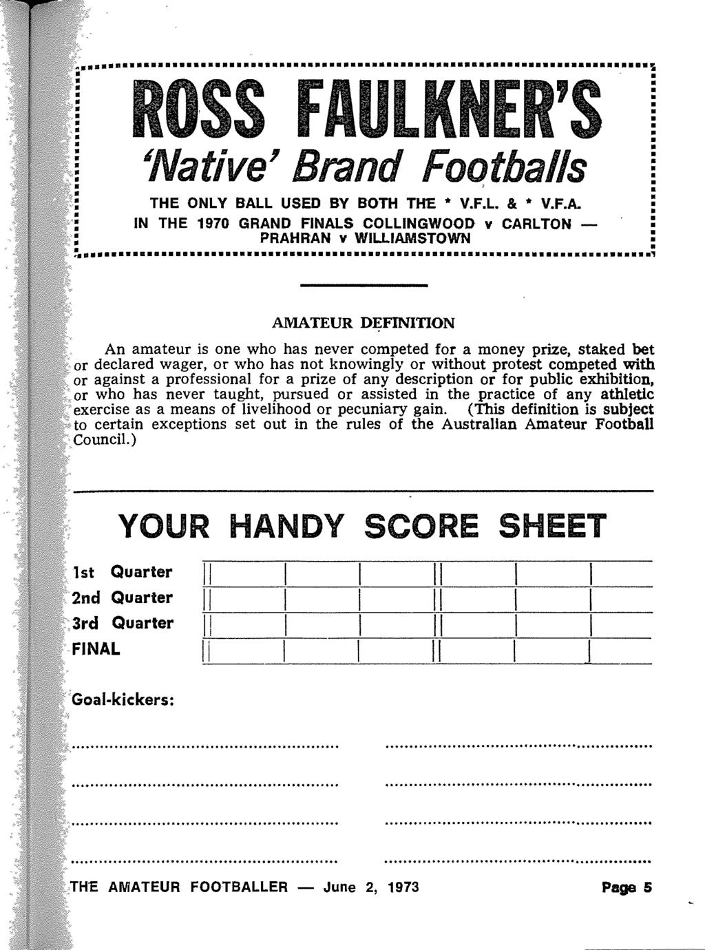 ; esvunu eeeneeveuv ev neeueuuuvuuueuuuvuevuvuo veuuaaucv S 'Native' Brand Footballs THE ONLY BALL USED BY BOTH THE * VFL & * VFA IN THE 1970 GRAND FINALS COLLINGWOOD v CARLTON - PRAHRAN v