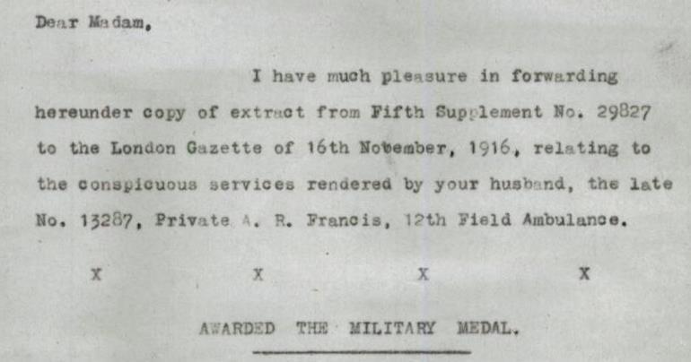 Amongst the personal effects of the late Private Antonia Robert Francis that were returned to his widow Mrs E. J.