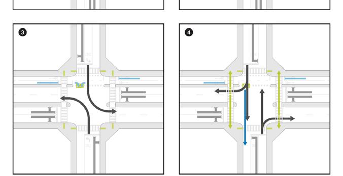Signal phasing for this option at Bubb Road uses an exclusive bicycle phase to manage the right turn conflicts (as per the phasing plan shown in Figure