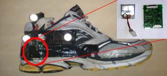 Figure 1: Shoe with IMU and Jig for facilitating ground truth capture using the Vicon Motion capture system. 3.