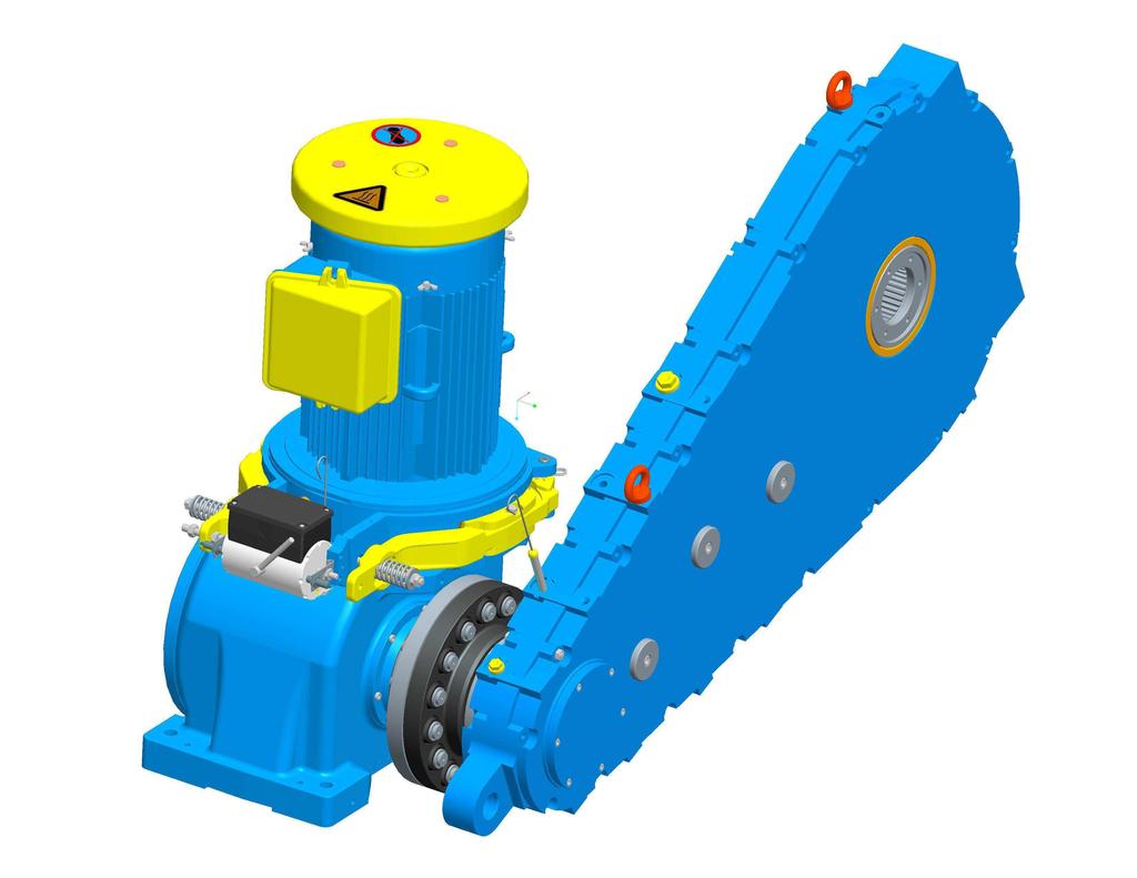 Picture 2: EC 2-25 with elastic high torque coupling between omshypodrive escalator traction machine and OMS Intermediate Gear Depending on the escalator speed, the OMS Intermediate Gear has an